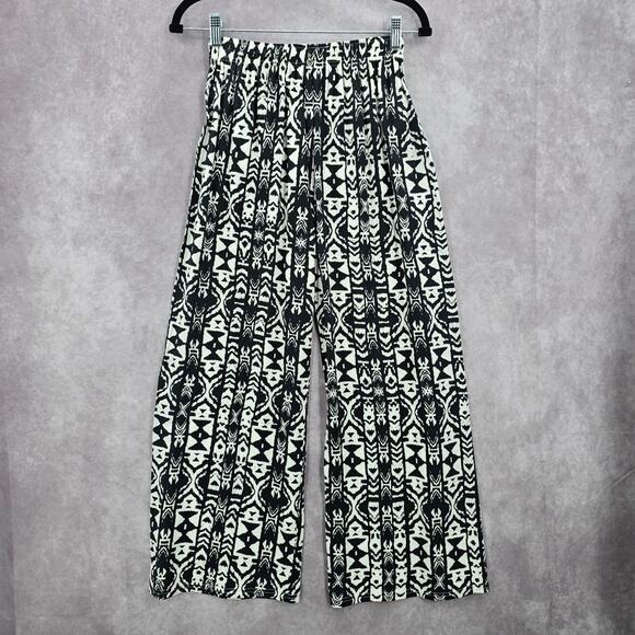 Black White Wide Leg Pullon Boho Beach Funky Print Bottoms Pants Medium - Picture 1 of 5